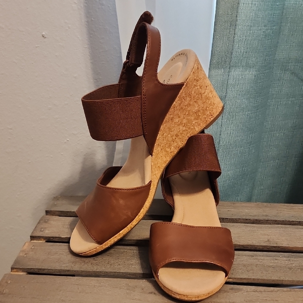 Clarks Tan Wedge Sandals